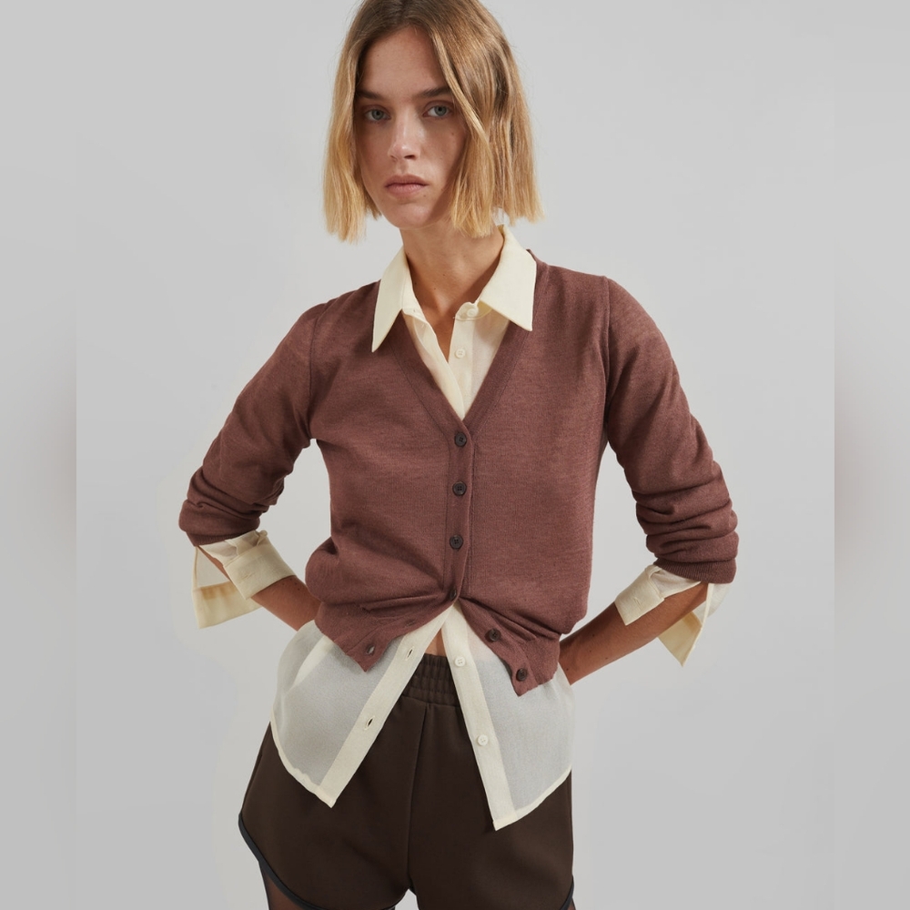 Brown Cardigan with Cream Shirt